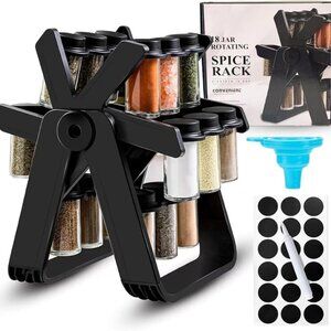 Rotating Spice Rack Organizer, spice jars,18 Glass Jars, 18 jar rotating spice